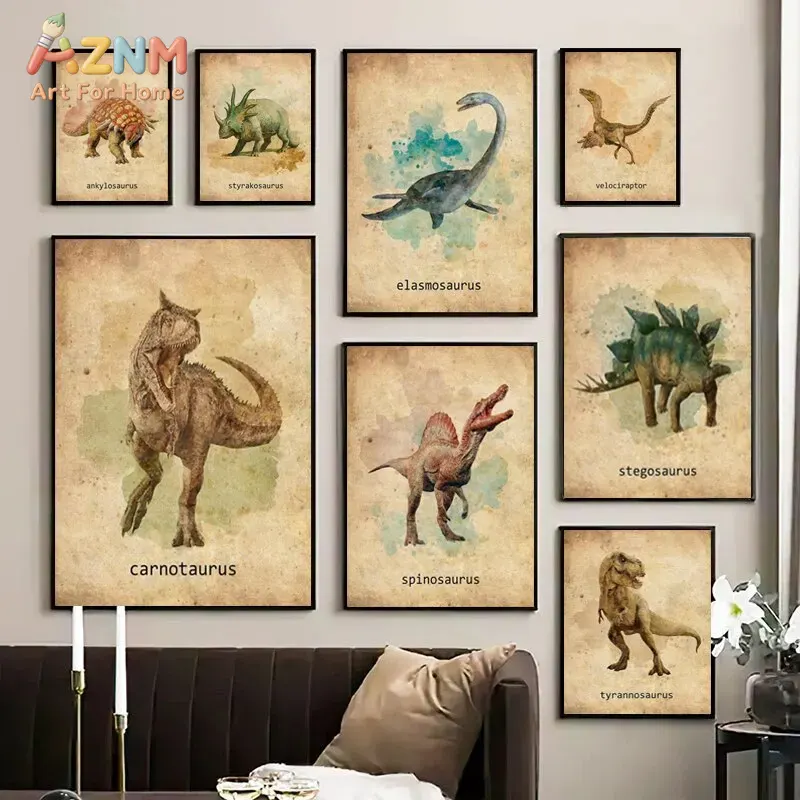 Kids Education Name - AZNM 빈티지 공룡 캔버스 벽 장식,